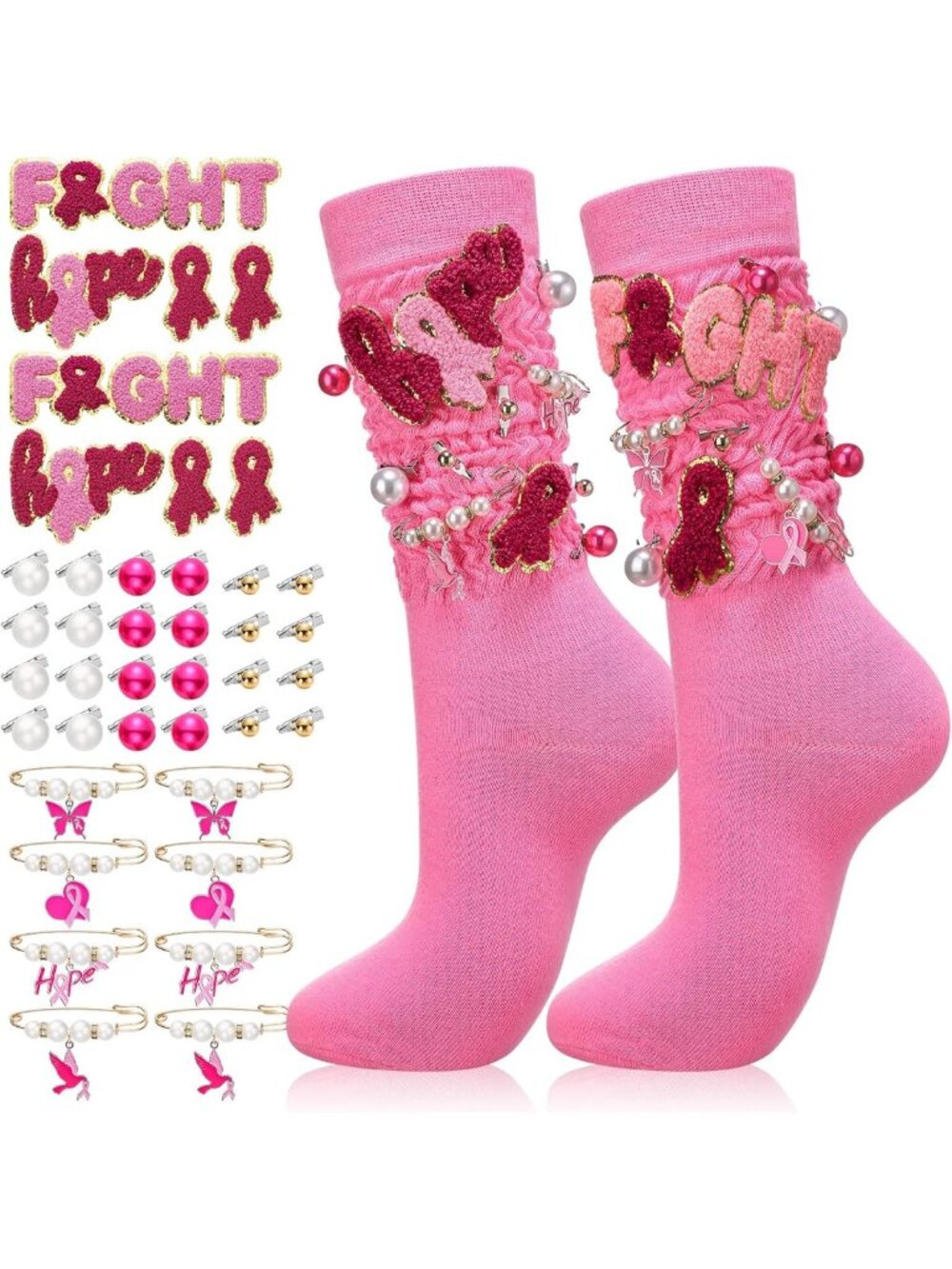 2 Pairs Pink Breast Cancer Awareness Socks with Charms & Pins for Women